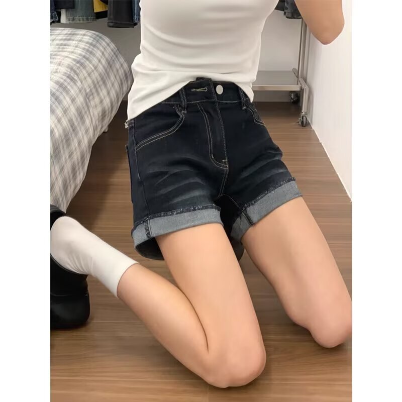 American-Style Spicy Girl High-Waisted Ultra-Short Denim Shorts for Women, Summer New Plus-Size, Slimming, Stretchy, Rolled-Up Straight-Leg Hot Pants