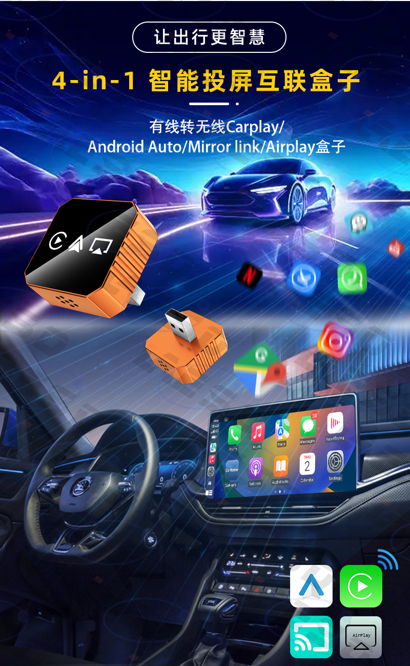 Hot-Selling 4-in-1 Car-Connected Smart Box for Apple and Android Screen Mirroring, Smart Wireless Carplay Box