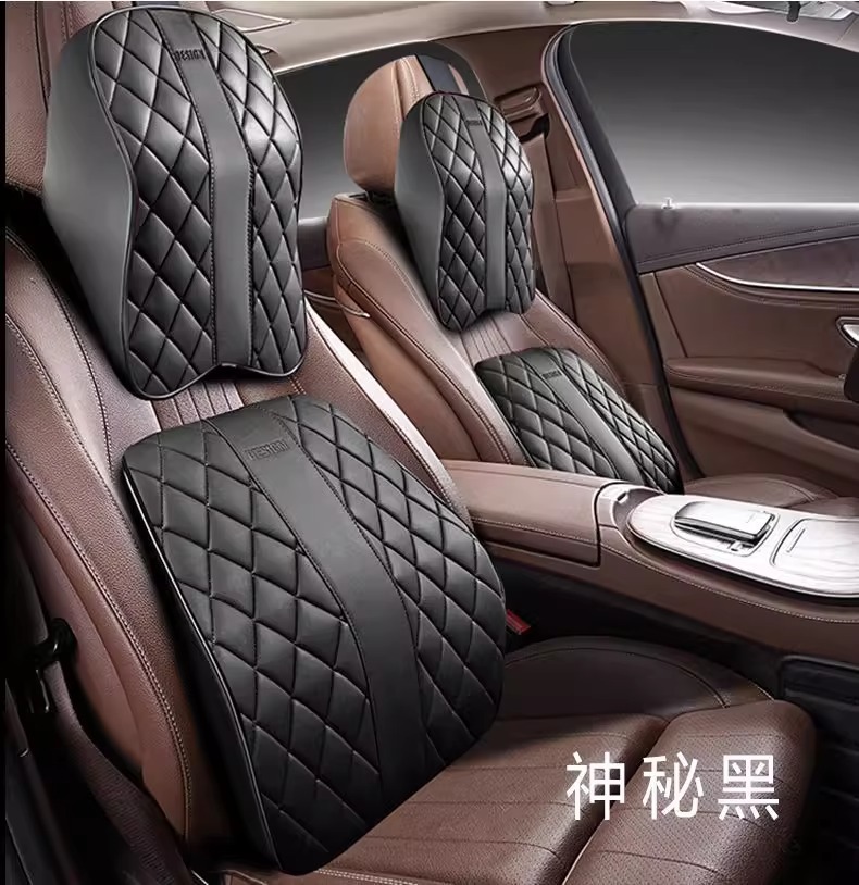 Car All-Season Nappa Leather Headrest and Lumbar Support, Car Neck Protector and Waist Support Supplies, Car Memory Foam Lumbar Pillow and Neck Pillow