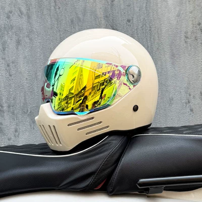 Motosiklet kaskı (dəbilqə) — Helmet for Heavy Motorcycles, Ghost Skull - milky-white-with-colorful-purple-gold-night-vision-available-transparent-mirror-included-m