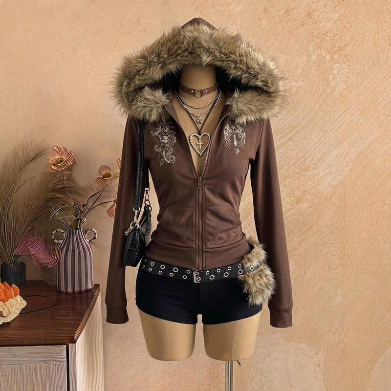 Millennial Y2K Big Fur Collar Cardigan Jacket Retro Totem Embroidery Brown Slim Fit Slimming Hot Girl Hooded Sweatshirt Millennial Y2K Big Fur Collar Cardigan Jacket Retro Totem Embroidery Brown Slim Fit Slimming Hot Girl Hooded Sweatshirt