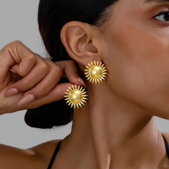 欧美耳环钛钢太阳花耳饰少女潮流金属感花朵耳钉earrings轻奢风
