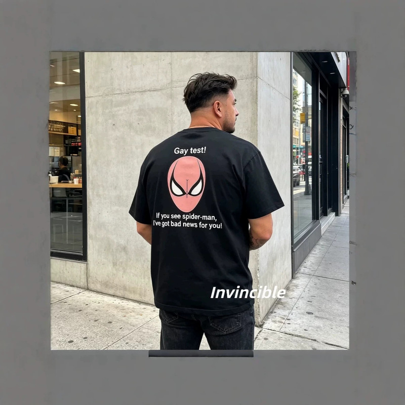 American retro pink Spider-Man print short-sleeve T-shirt for men, street style with fun letter prints, loose fit with dropped shoulders American retro pink Spider-Man print short-sleeve T-shirt for men, street style with fun letter prints, loose fit with dropped shoulders