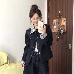漂亮的初秋外套女2025新款秋小个子休闲翻领格纹拼接夹克潮