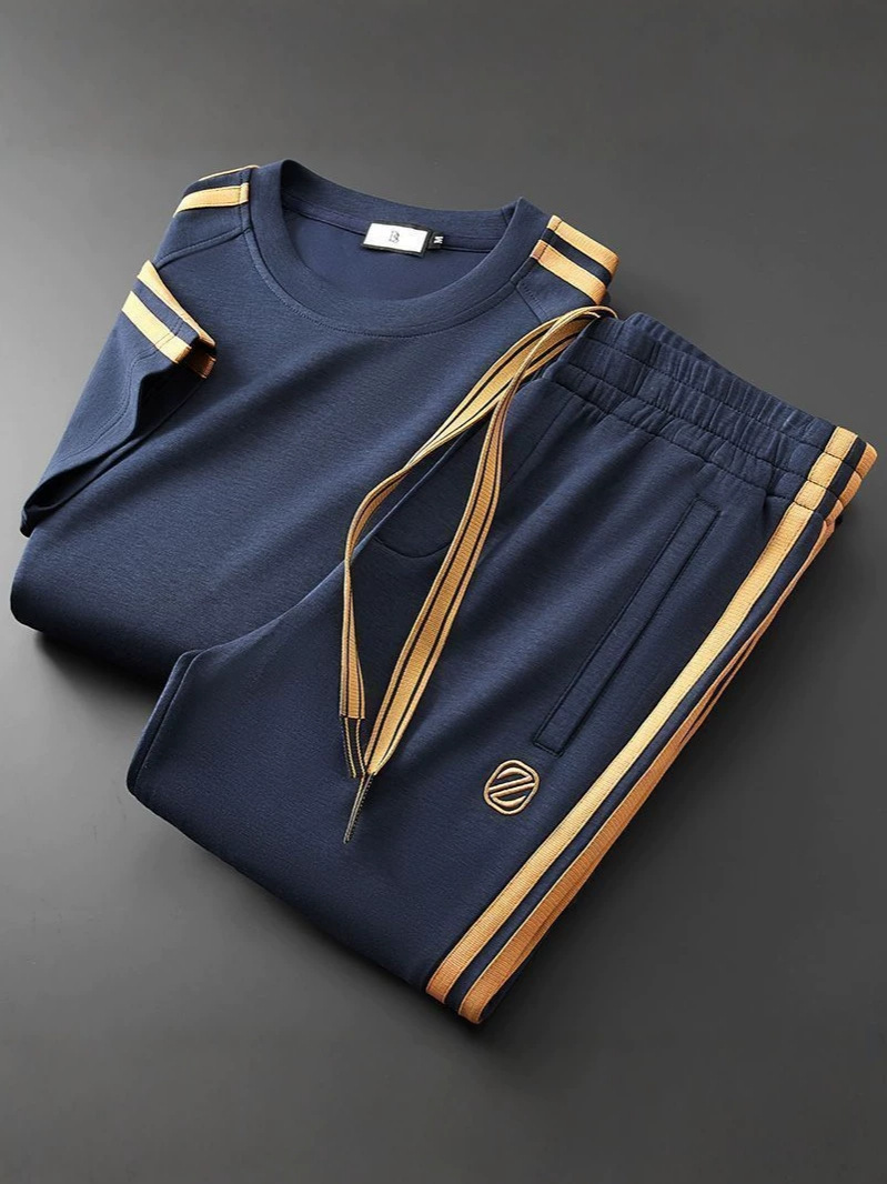 Lightweight Summer Men's 2-Piece Set Breathable Modal Cotton Short Sleeve T-Shirt & Straight Leg Pants With Minimalist Embroidery_viptrois.com