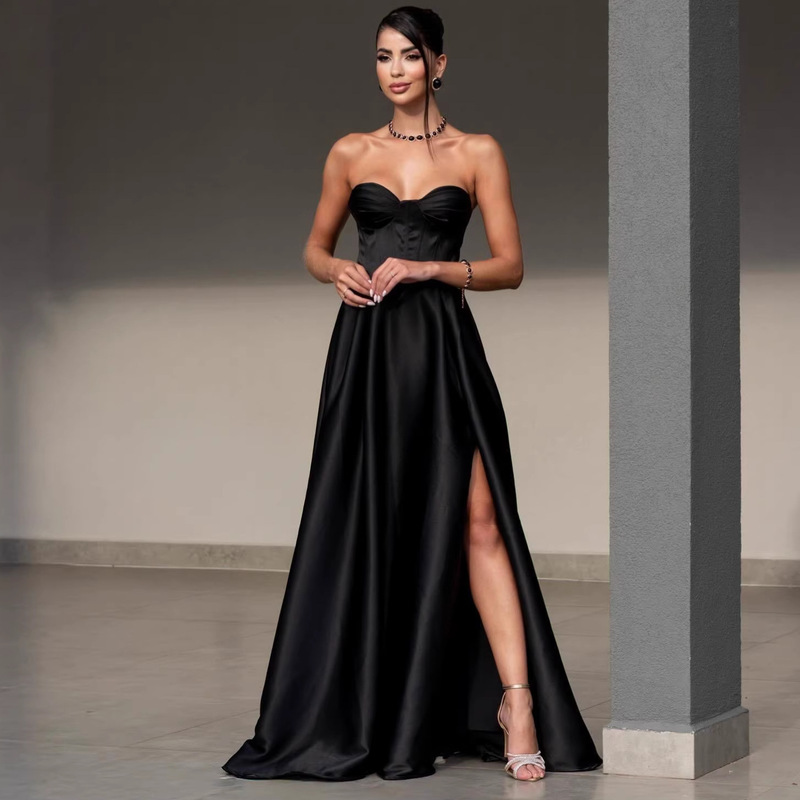 2026 Summer Amazon New European and American Cross-Border Women's Fashion Slim Fit Strapless Elegant Evening Dress with Slit, Mature Style Dress 2026 Summer Amazon New European and American Cross-Border Women's Fashion Slim Fit Strapless Elegant Evening Dress with Slit, Mature Style Dress