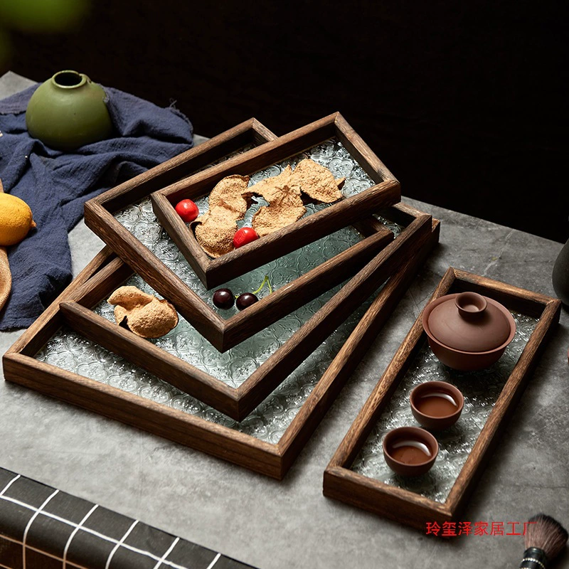 Поднос для цветов Бегония, стеклянный поднос для чая, ретро, ​​прямоугольный, зеленый, прозрачный, в деревянной рамке, домашняя тарелка для кофе, закусок