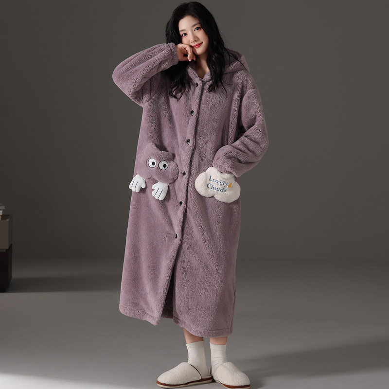 Purple Women's Nightgown for Autumn and Winter, Cute Hooded Coral Fleece Thickened Mid-Length Bathrobe, Warm Sleepwear Loungewear