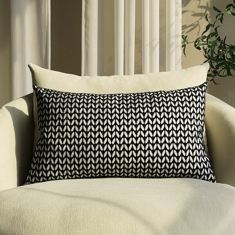 Customized size retro thickened chenille black and white grass leaf plaid square pillowcase sofa lumbar support backrest detachable