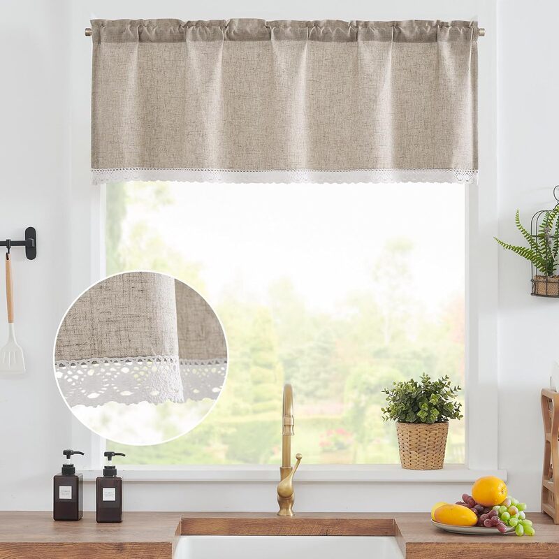 Cross-border Amazon Punch-free Curtain Lace Stitching Short Curtain Kitchen Partition Curtain Wearing Rod Cotton Linen Curtain
