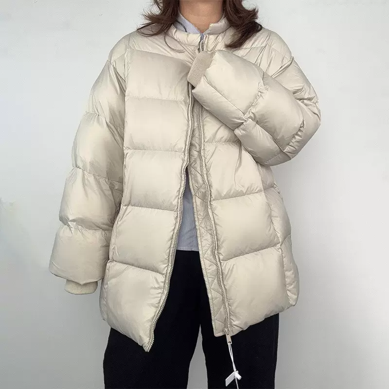  暖冬泡芙 90白鸭绒外套韩系方格圆领中长羽绒服面包服女