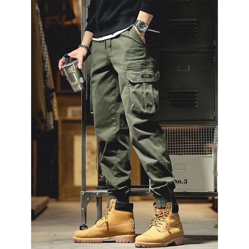 American Military Green Cargo Pants for Men, Loose Trendy Brand Spring and Autumn Jogger Pants with Multiple Pockets, Outdoor Casual Pants for Men