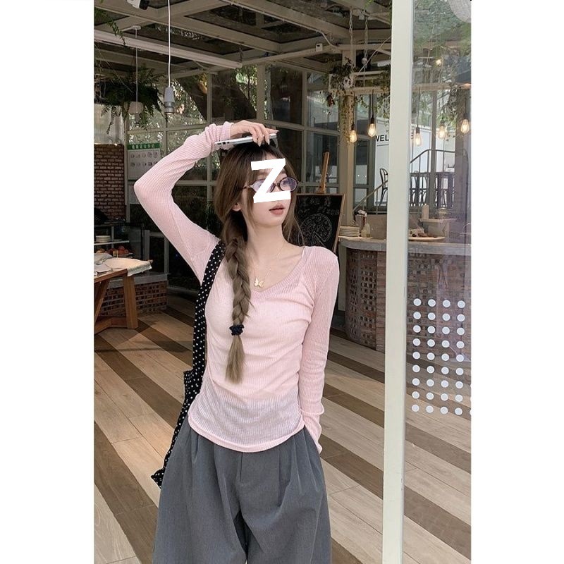 纯欲风v领长袖微透T恤女装夏季修身薄纱防晒罩衫辣妹上衣|undefined