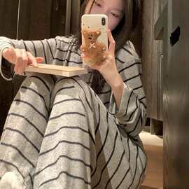 条纹德绒家居服套装软糯舒适灰色甜美可外穿两件套保暖女士睡衣