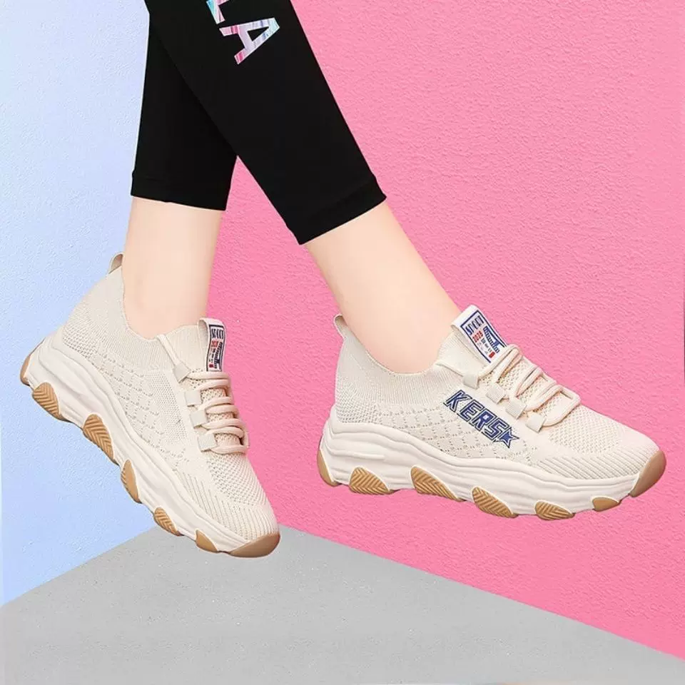 女鞋2025春季新款飞织休闲鞋松糕底显瘦老爹鞋轻便软底运动鞋单鞋