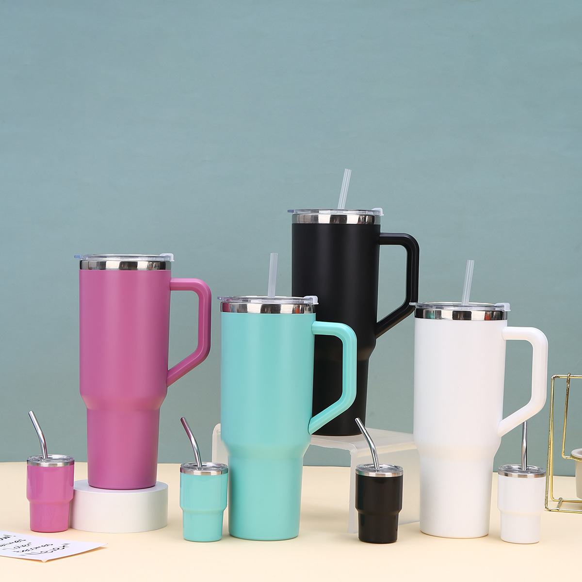 Nuevo conjunto de cinco piezas de acero exterior de plástico 40oz taza de hielo de gran capacidad taza de paja de color sólido taza de mango portátil