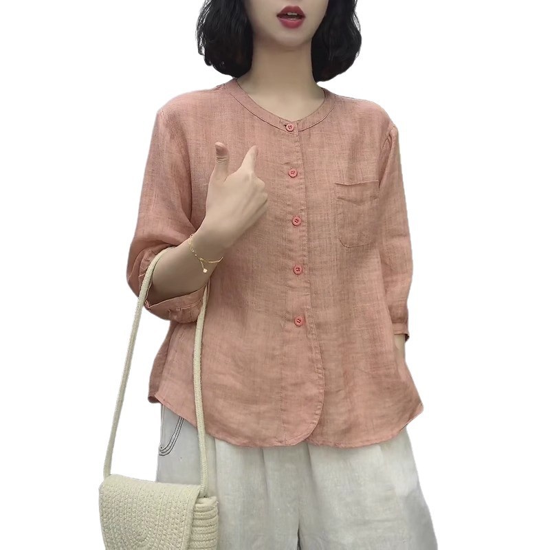 綿麻リネントップスレディース高級シャツ2025新作レディース夏大きいサイズお腹カバー七分袖ラミーシャツ|undefined