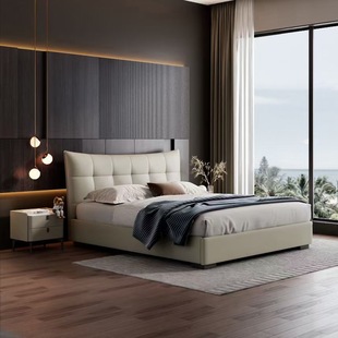 Italian minimalist modern high-end large flat designer storage first layer genuine leather bed cowhide master bedroom wrapped large bed