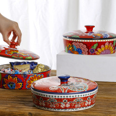 European and American American fruit salad bowl creative home nut snack bowl ceramic underglaze ribbon cover 9-inch bowl