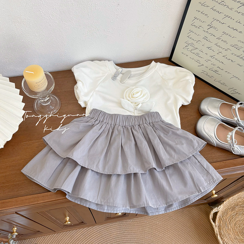 Korean Style Fashionable Summer Children's Gray Puffy Skirt Pants, Solid Color Versatile Trendy Girl Princess Skirt Half-Length