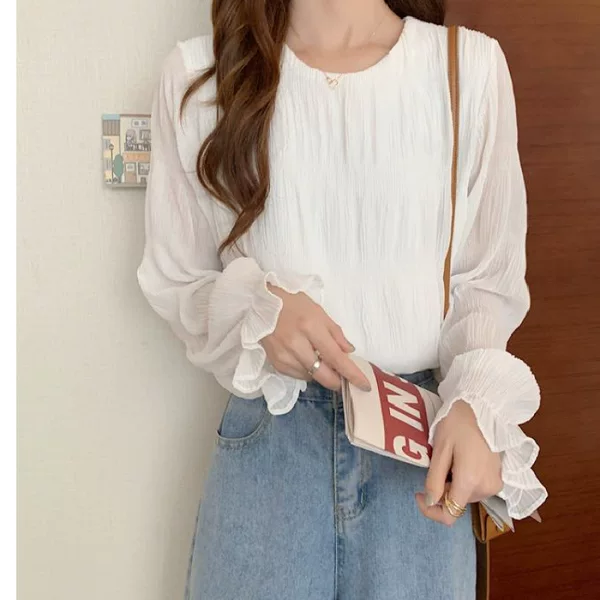 Foreign Trade Japan Spring Autumn Winter South Korea New Pleated Chiffon Shirt Loose All-match Long Sleeve Top