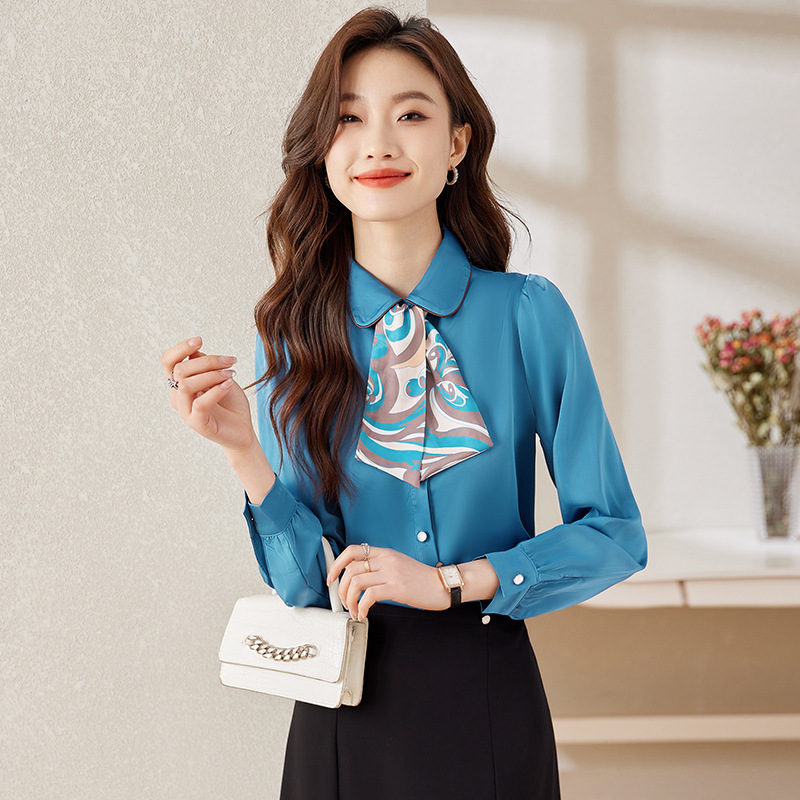 Seven Valley Niang White Satin Shirt Women's Autumn Thin Long-sleeved Doll Collar Elegant Age-reducing Shirt Chiffon Professional Top