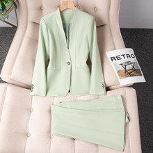果绿色长袖小西装领外套女裤子秋冬季新款两件套装职业装时尚气质