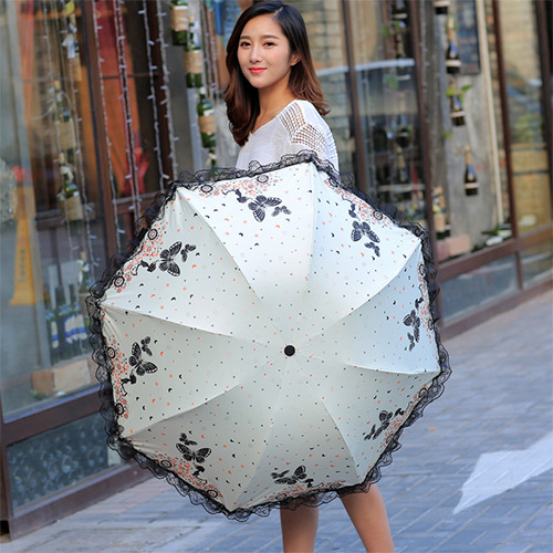 Folding Sunshade Parasol with Lace Edge UV Sun Umbrella Black Rubber Women's Fresh Style Lady Umbrella