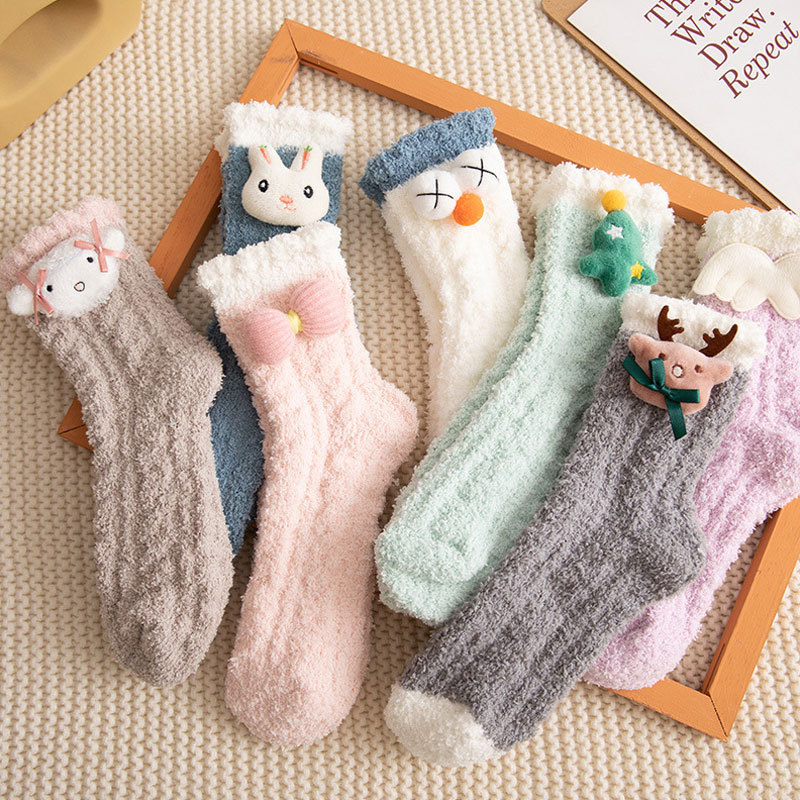 Socks Winter Women's Coral Fleece Socks Thickened Warm Home Cartoon Cute with Doll Sleeping Wholesale Soft and Plaid