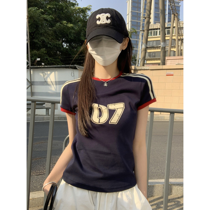 跨境外贸2025夏季韩版气质修身撞色杠条美式数字印花短袖T恤上衣|undefined