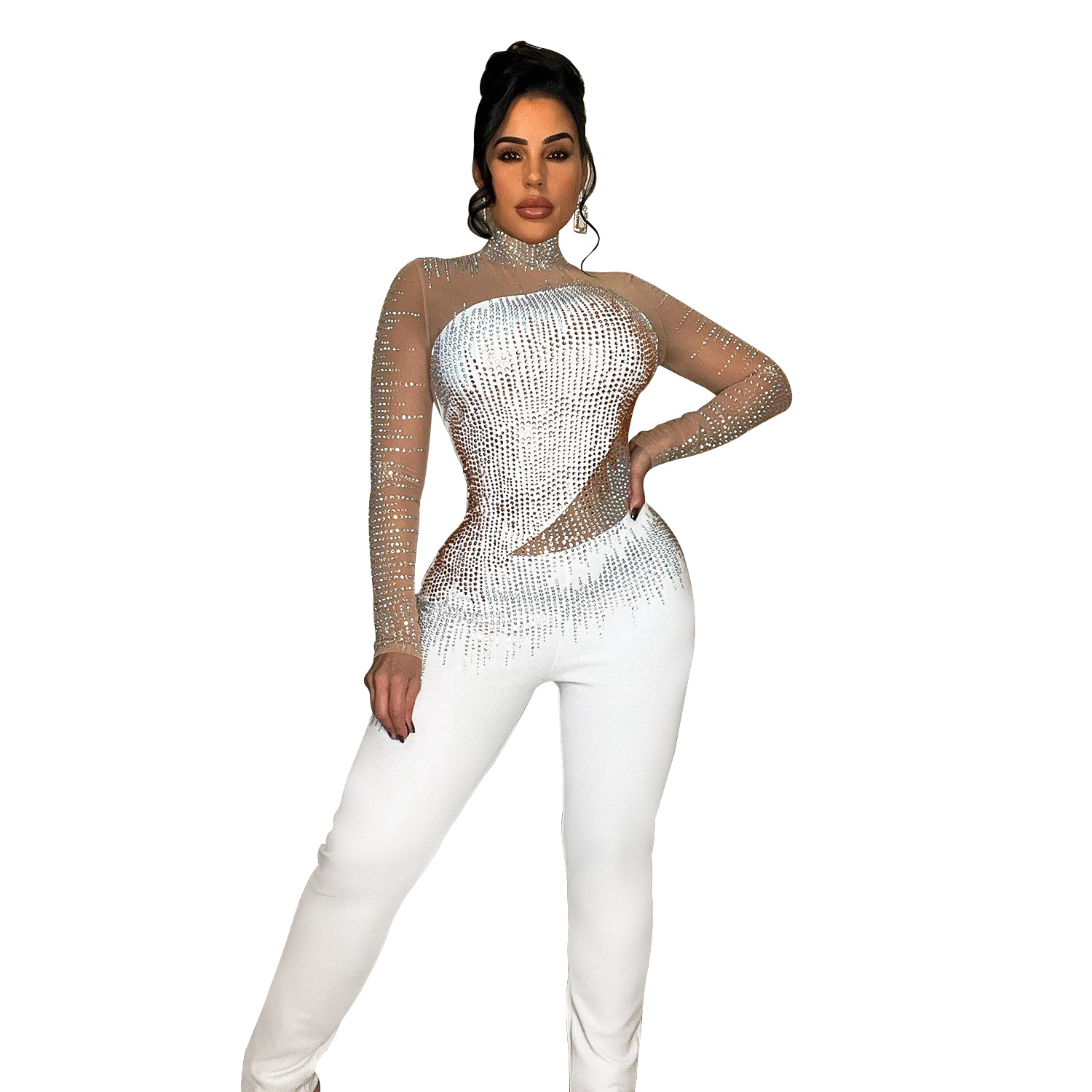 C6226 transfronteriza AliExpress Amazon moda europea y americana de las mujeres de color sólido de malla de diamantes de imitación pantalones de manga larga mono