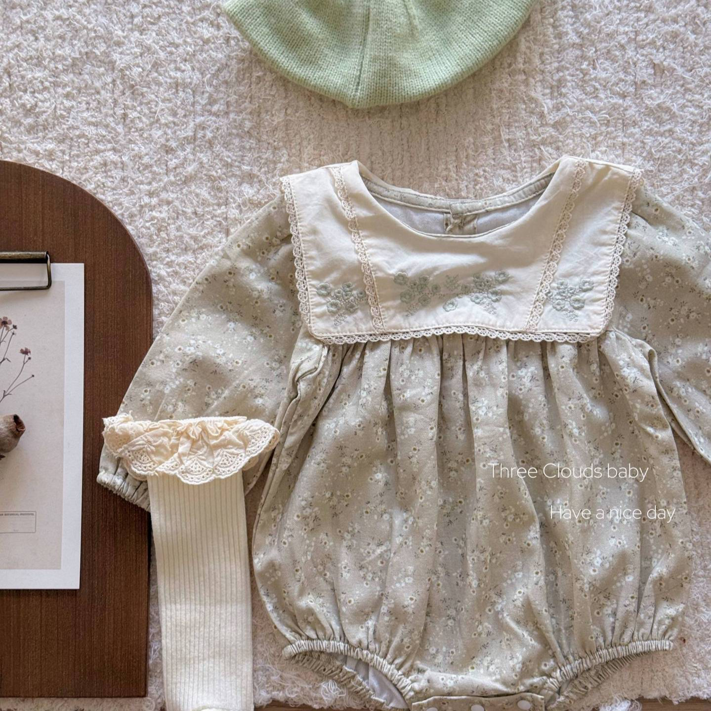 Spring and Autumn Style Baby Girl Infant Embroidered Lapel Light Green Fresh Long-Sleeve Romper Jumpsuit Triangle Crawling Outfit