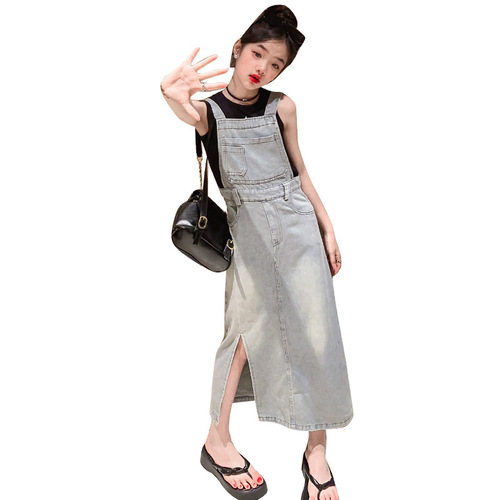 Girls denim suspender skirt summer long 2024 new Korean version loose high waist college style retro slit long skirt