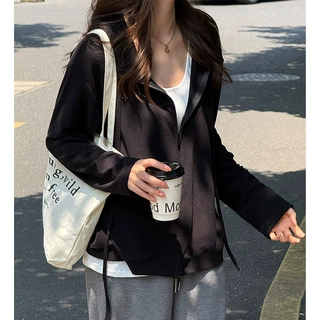 新款连帽长袖外套女2026秋冬韩系宽松百搭拉链开衫简约慵懒上衣