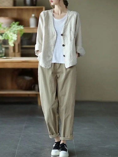 Chinoise Women's Literary Three-Button Elegant Suit Jacket Outerwear Slimming Solid Color Versatile Cotton Linen Cardigan Top