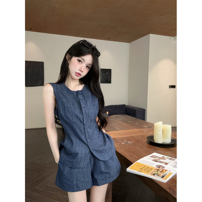 Tangtang~ New Summer Style Sleeveless Vest, Denim Vest, Suit, Wide-Leg Shorts, a Complete Set of Stylish Outfits