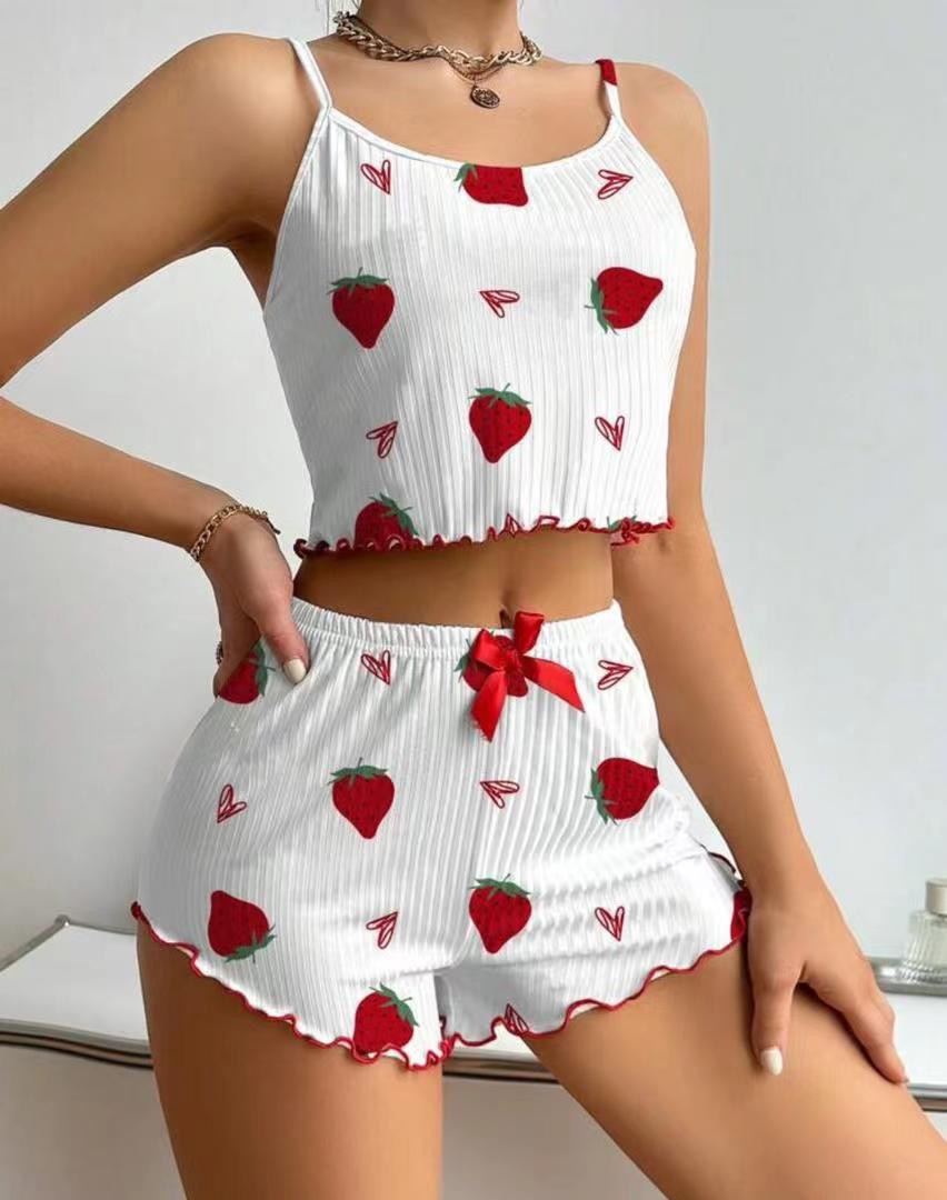ChicShe European And American Cross-Border Trade Women's Pajamas Ribbed Heart Sexy Camisole Printed Tank Top Shorts Homewear_voghion.com