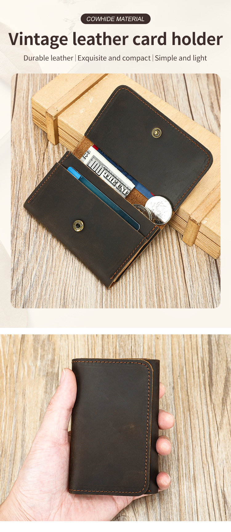 Ví da nam gập mini siêu mỏng phong cách retro, đựng thẻ và tiền xu du lịch — Màu nâu sẫm, màu nâu chi tiết 1