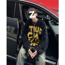 原创美式圆领字母毛衣秋冬情侣款宽松复古慵懒风百搭上衣白色黑色