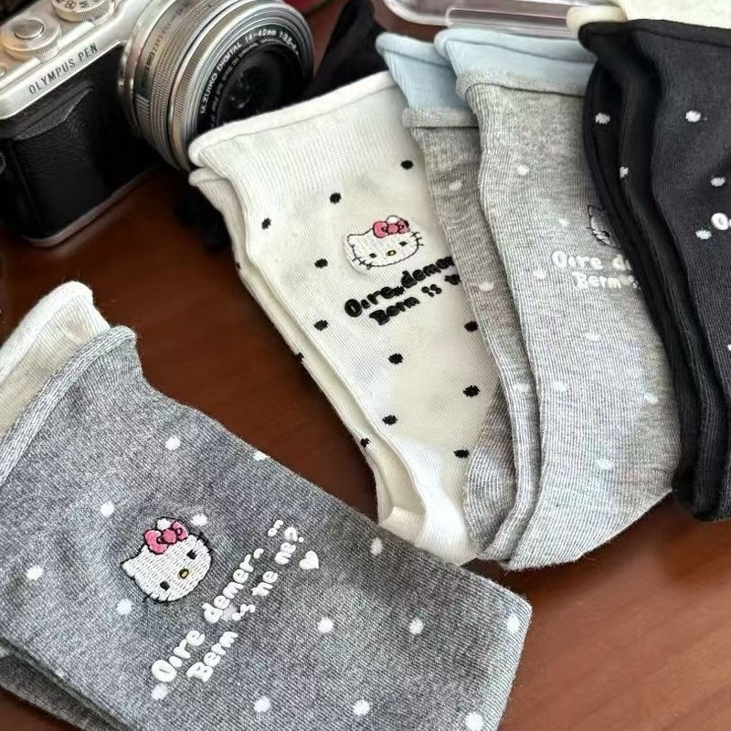 波点袜子女春夏薄款可爱Kitty撞色双罗口时尚中筒袜韩版卡通潮袜|undefined