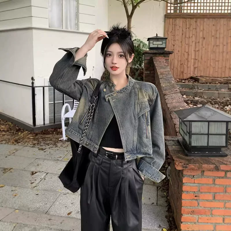Осень ретро джинсовая короткая куртка, Oversize, свободный крой
