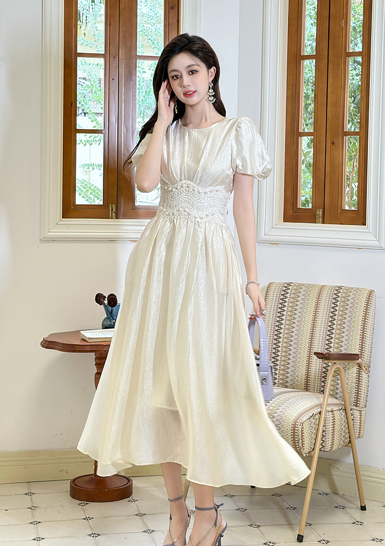 Đầm maxi nữ tay phồng thắt eo đính cườm dài qua gối — màu xanh chi tiết 9