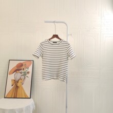 15573外贸花瓣领前后对条纹针织衫上衣25新款女装休闲简约短袖