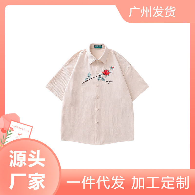 A generation of summer vintage rose embroidery short sleeve shirt men's fashion brand loose couples casual college style shirt A generation of summer vintage rose embroidery short sleeve shirt men's fashion brand loose couples casual college style shirt