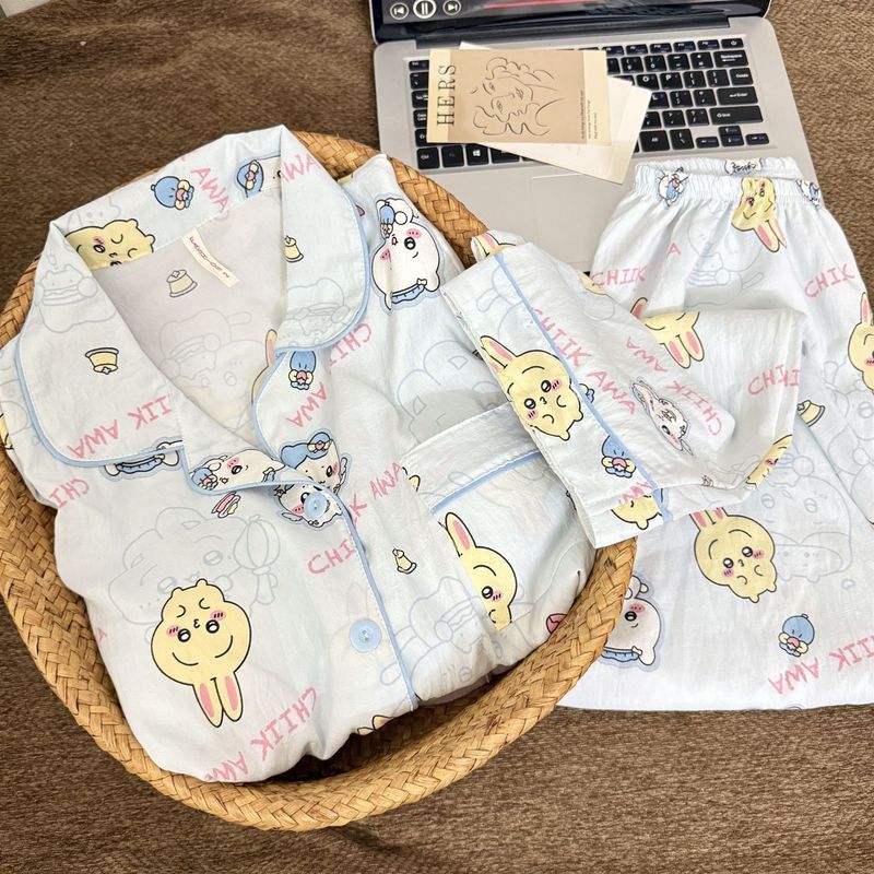 扎染条纹云朵纯棉纱睡衣女春秋季长袖简约可外穿开衫家居服夏套装|undefined