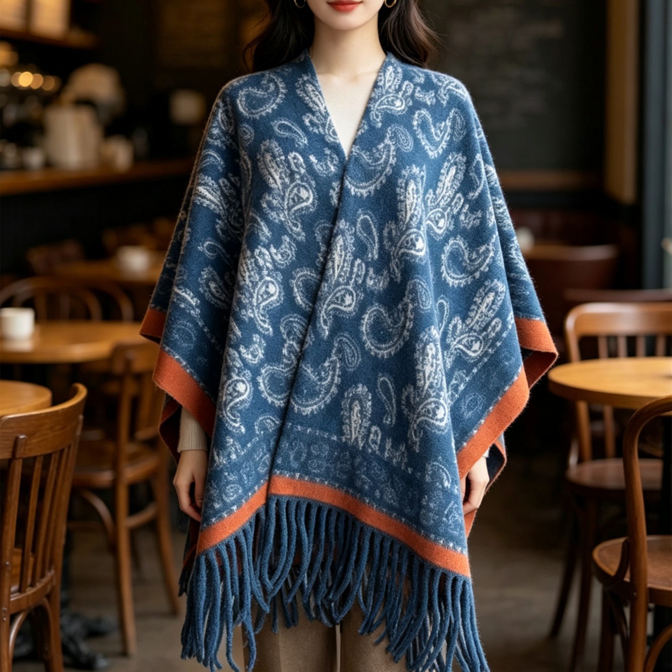 New cross-border best-selling faux cashmere shawl with a high-end feel, paisley pattern, versatile for winter, warm, thick, and with tassels, for women