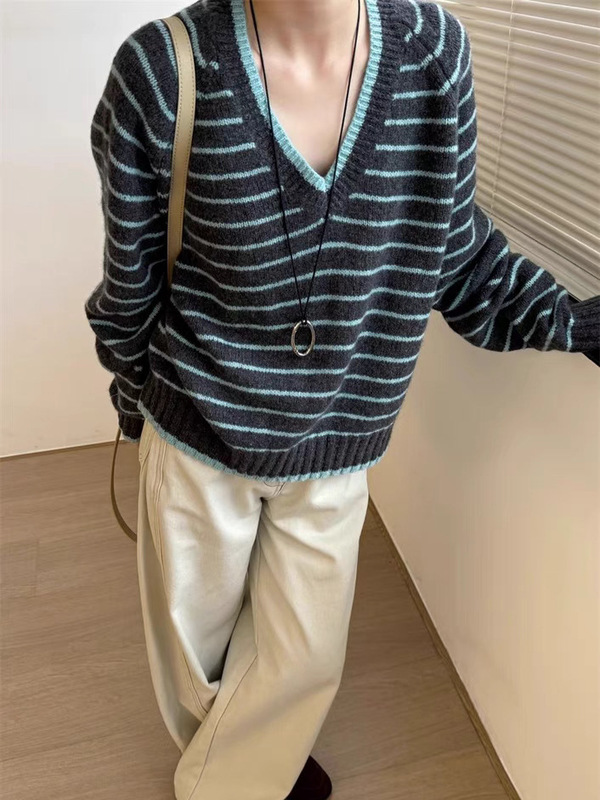 韩系条纹撞色V领针织套头衫秋冬新款时尚百休闲百搭毛衣上衣女|undefined