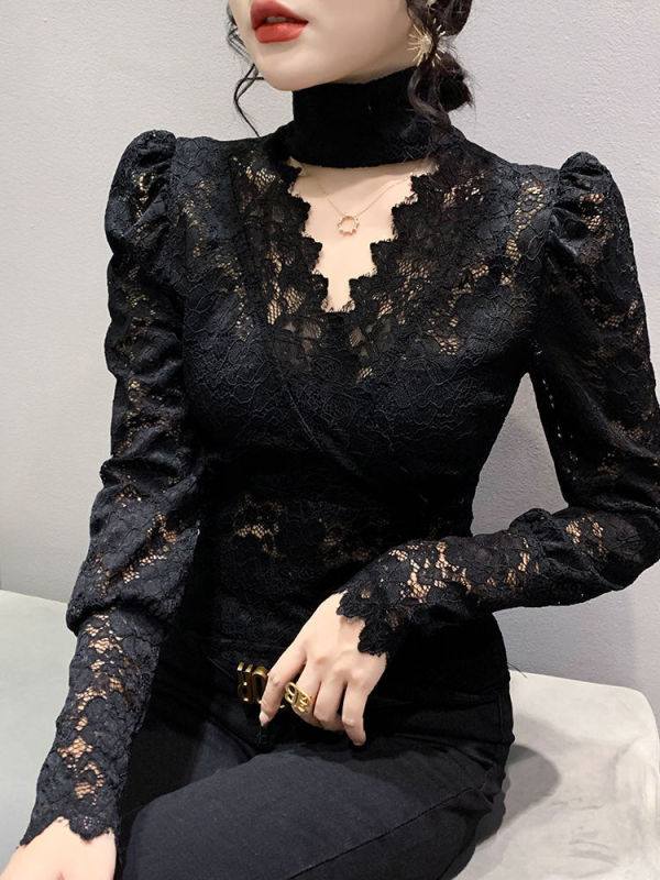 High-Neck Base Shirt for Women, Spring European Style, Sexy Hollow Lace Long-Sleeve Fitted Inner Top, Elegant Blouse High-Neck Base Shirt for Women, Spring European Style, Sexy Hollow Lace Long-Sleeve Fitted Inner Top, Elegant Blouse