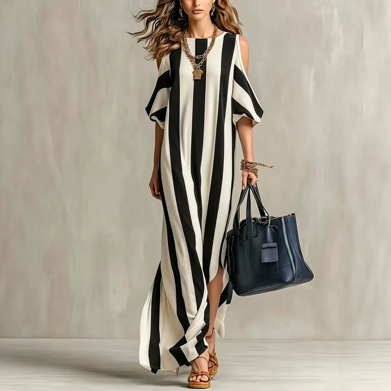 European and American Style Striped Off-Shoulder Long Dress, Loose Fit with Split Hem, Drapey Vacation Casual Cover-Up Long Dress for Women