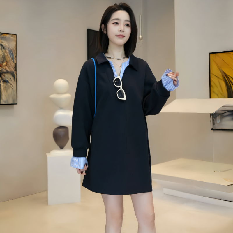 韓国版の偽の2つの長袖のワンピースの女性の春秋の新型のストライプはカジュアルなa字のスカートの小さい背のニットのスカートをつなぎ合わせます。